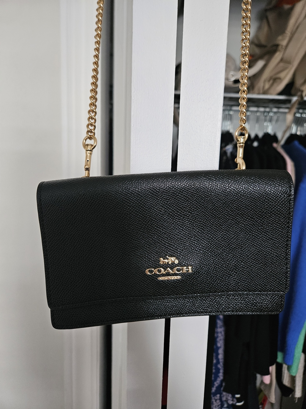 Coach Black Pebbled Leather Crossbody with Gold Chain
